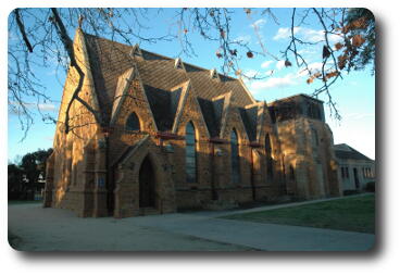 Main entrance of sandstone church building