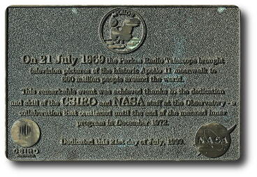 Metal plaque commemorating 30 years since Apollo 11 cooperation between NASA and CSIRO