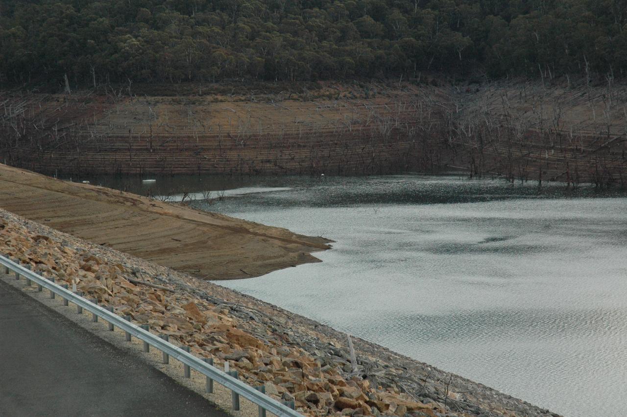 View of top of dam wall, upstream side and low water level