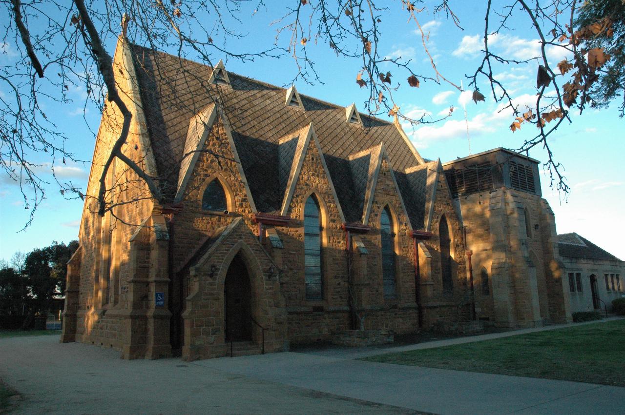 Main entrance of sandstone church building