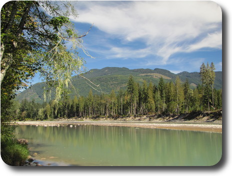 View of grey water in river, trees on the bank, and tree covered hills hehind