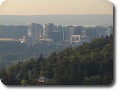 High rise buildings partly hidden by nearby hill