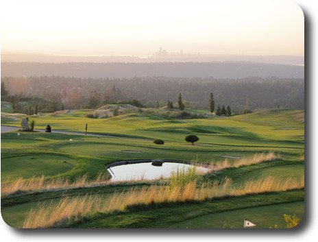 Seattle skyline in the distance, golf course up close