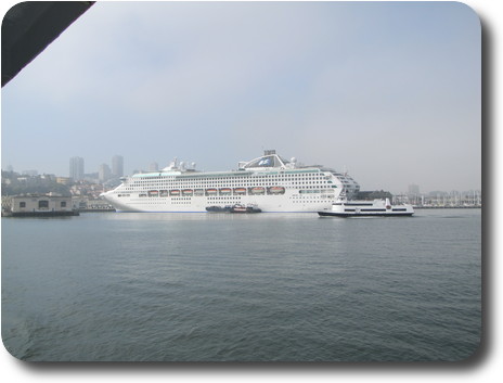Futuristic looking ocean liner at dock in San Francisco