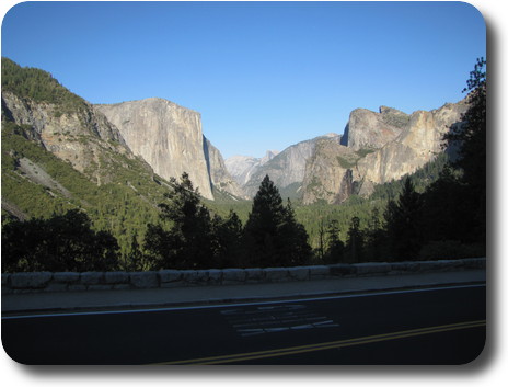 Looking east into Yosemite Valley, with sheer rock faces on both sides