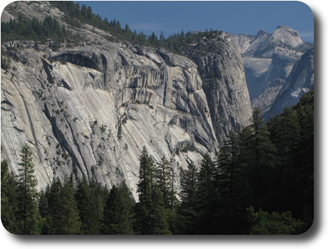 Gray cliff faces with curved structures, seen above trees