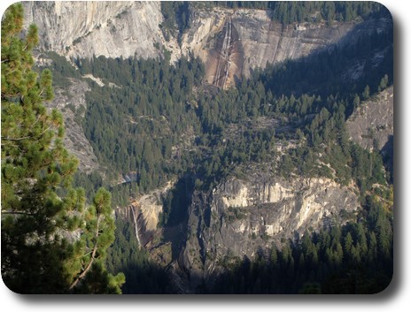 Distant scene of two waterfalls and plateau between them