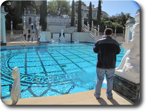 Man with back to camera, looking over pool towards stairs and trees