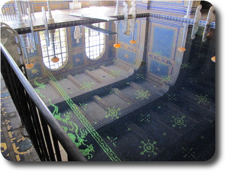 Looking into the main pool, with roof reflection and bottom pattern superimposed