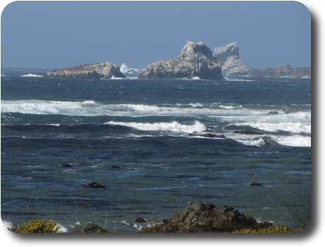Small waves approaching shore, with several large white rocks just off the shore