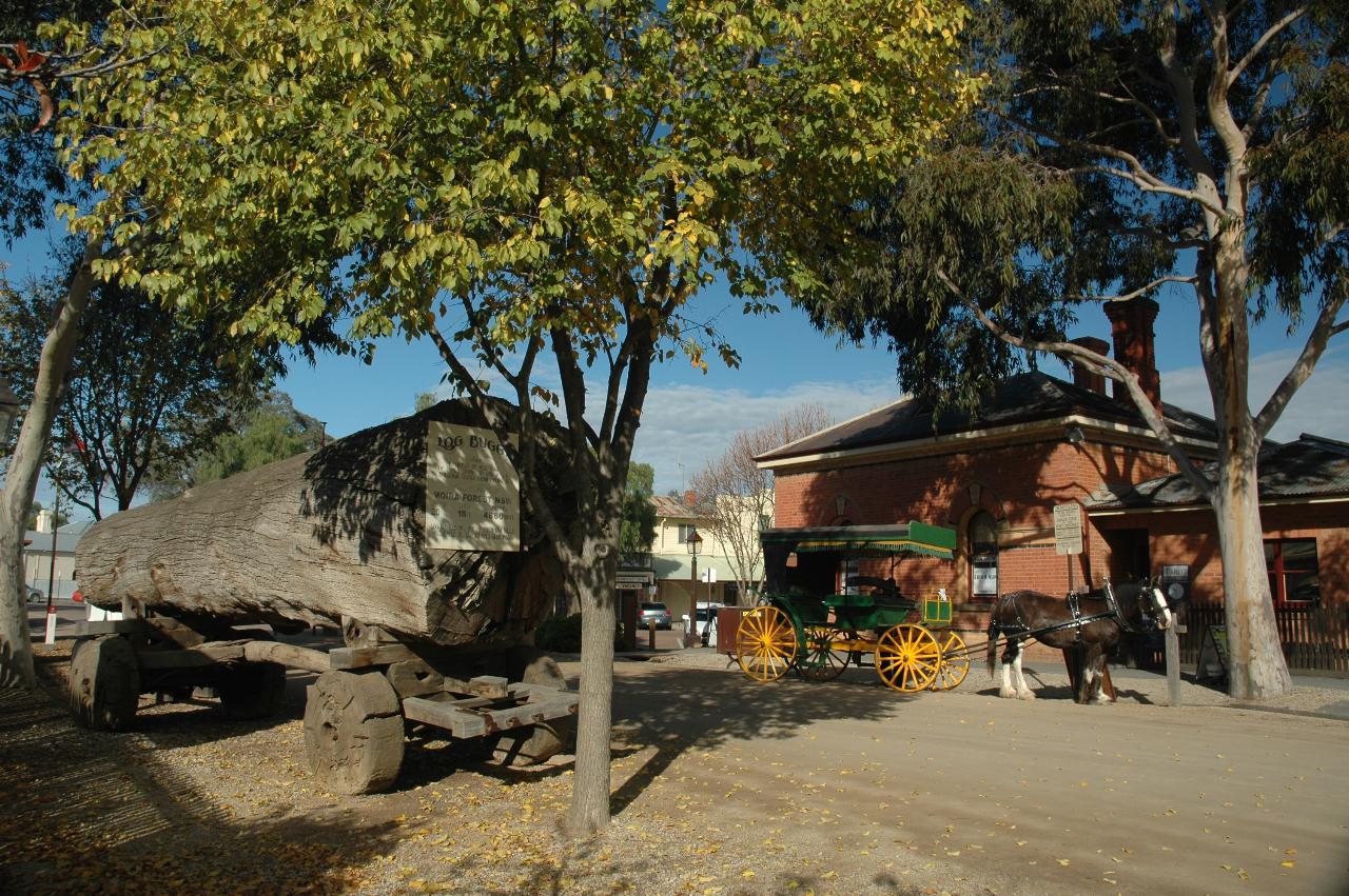 Large log on wooden buggy across road from horse carriage