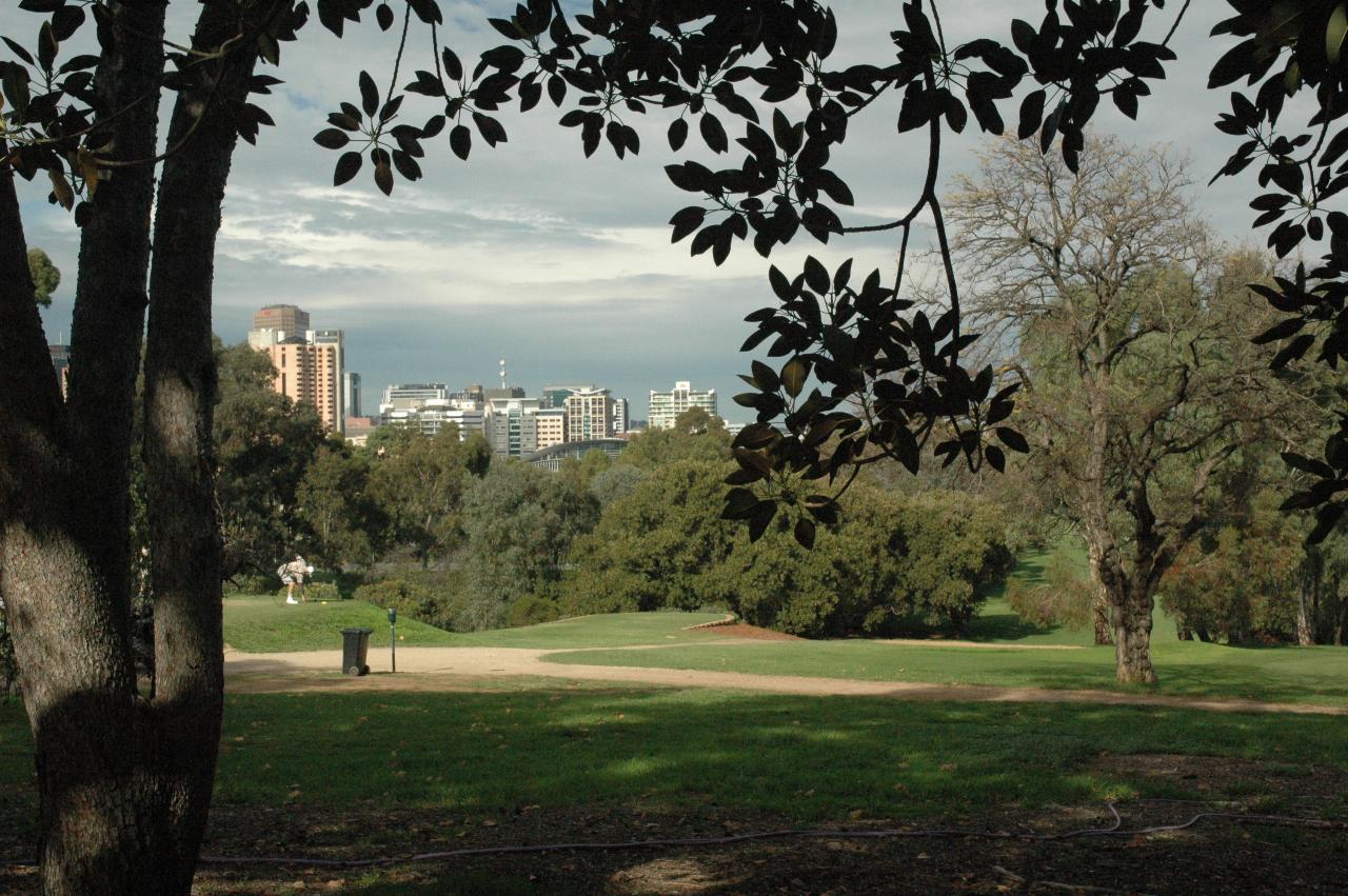 Golf course with dirt path, to trees and city high rise buildings in the distance