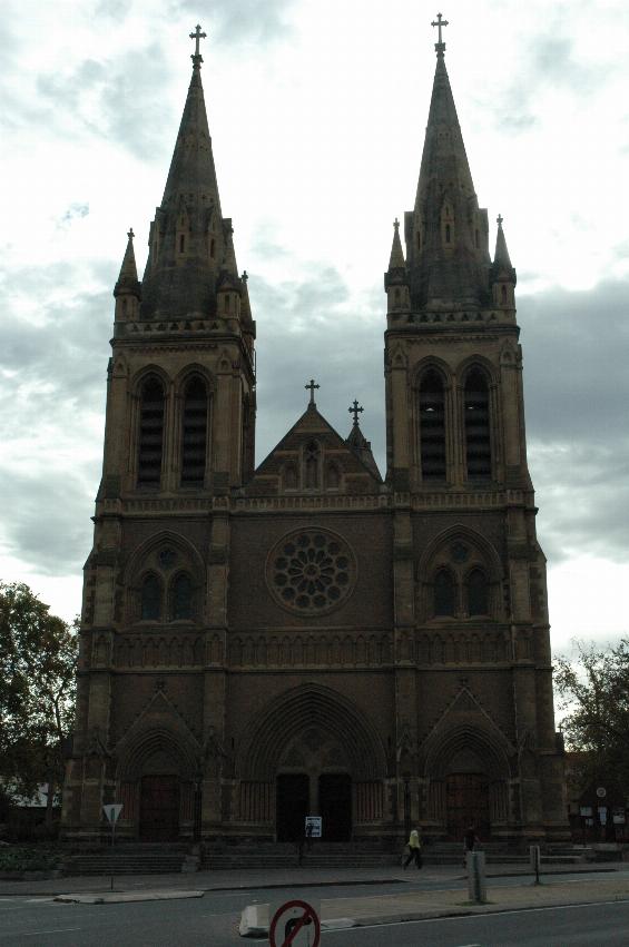 Front of cathedral with twin spires