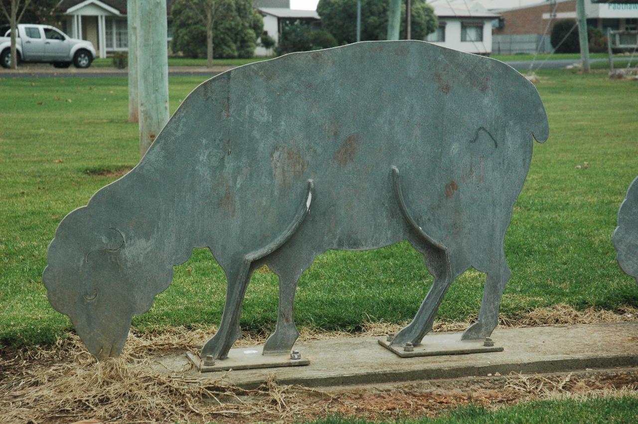 Shilouette of metal sheep bolted to cement strip in grassy area, houses in distance