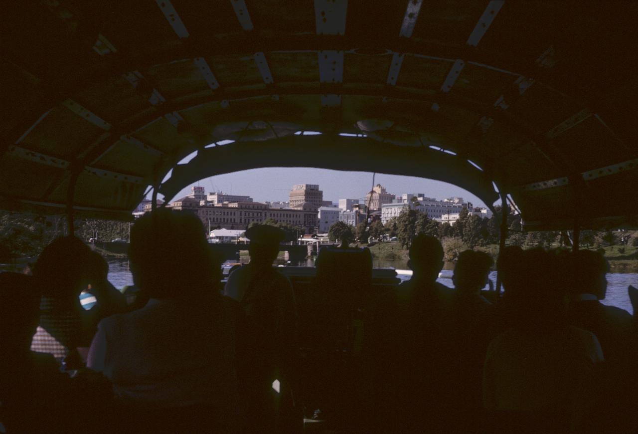 Adelaide city skyline seen from inside tour boat