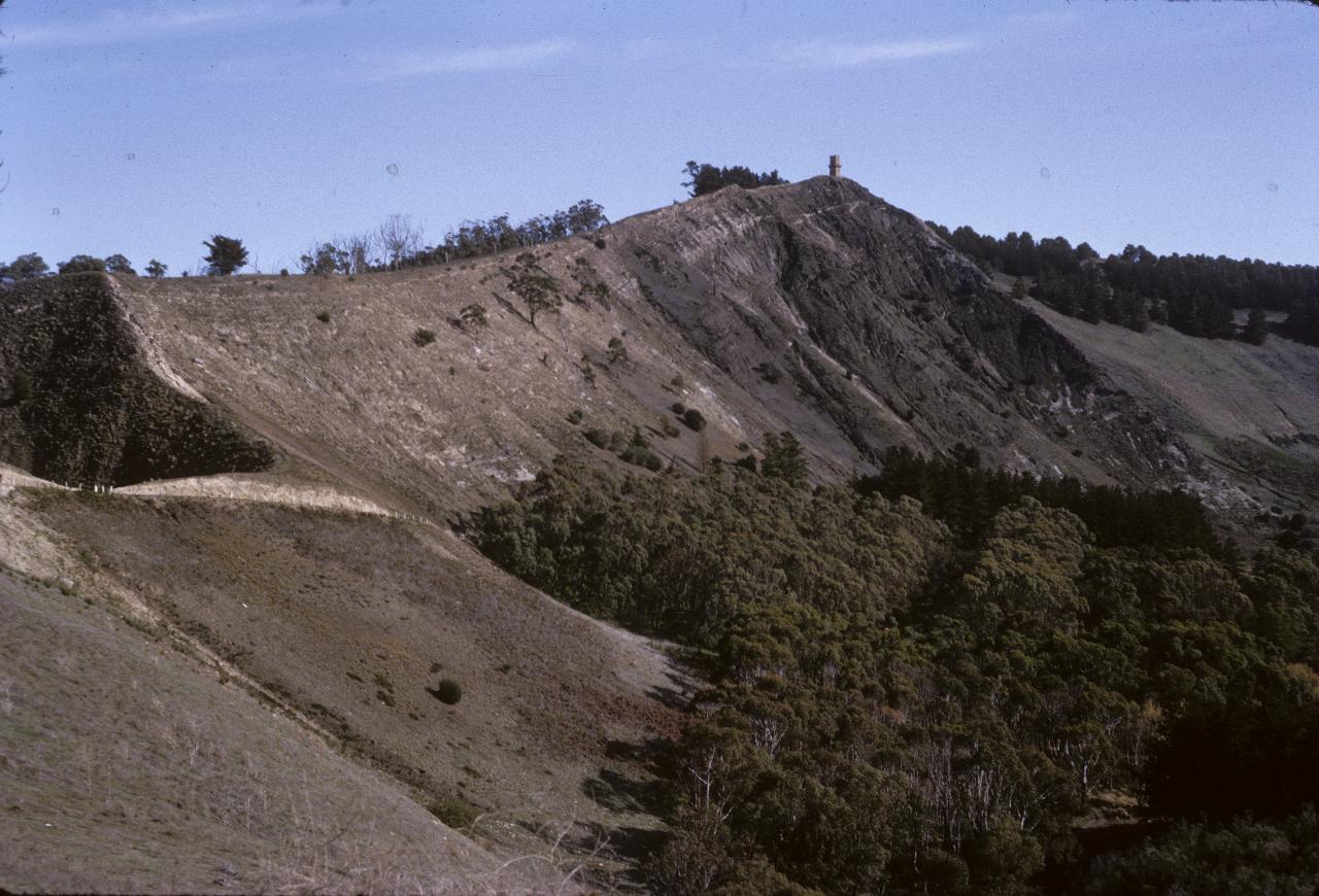 Brick tower in distance on top of crater rim