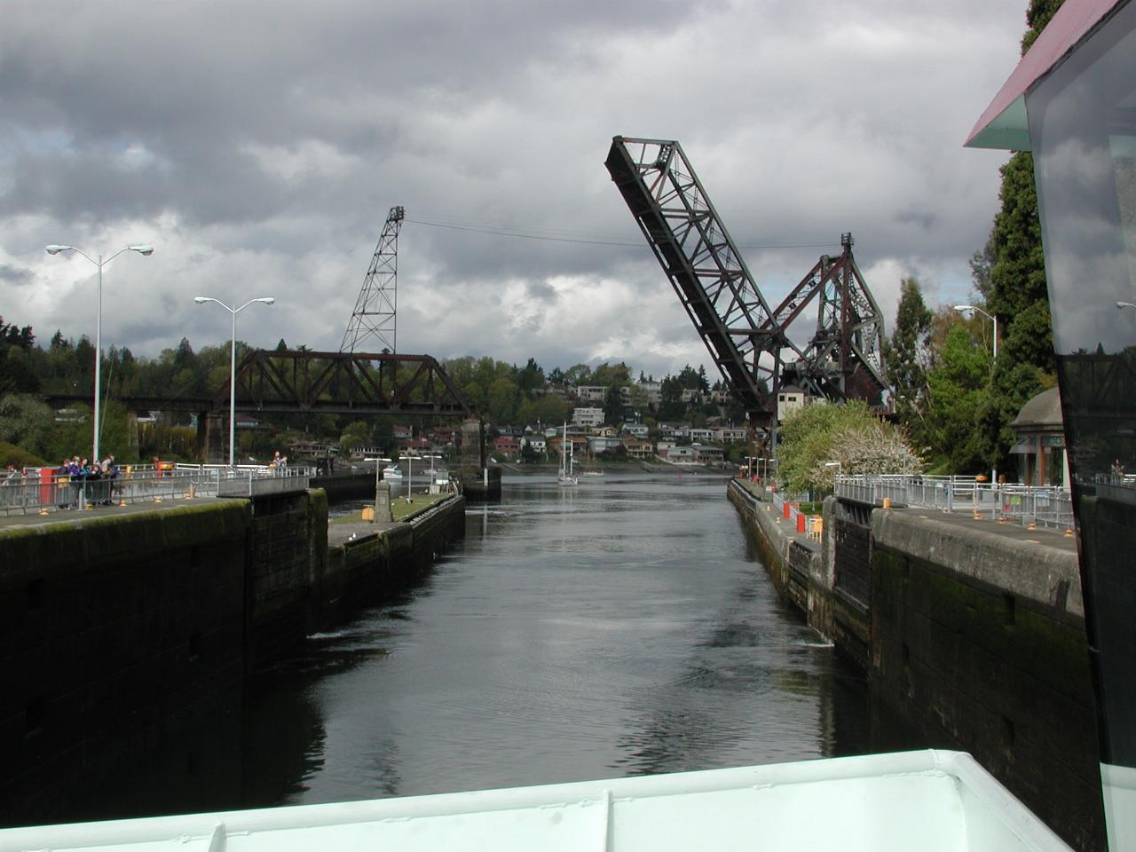 All clear to leave; rail bridge open for our passage