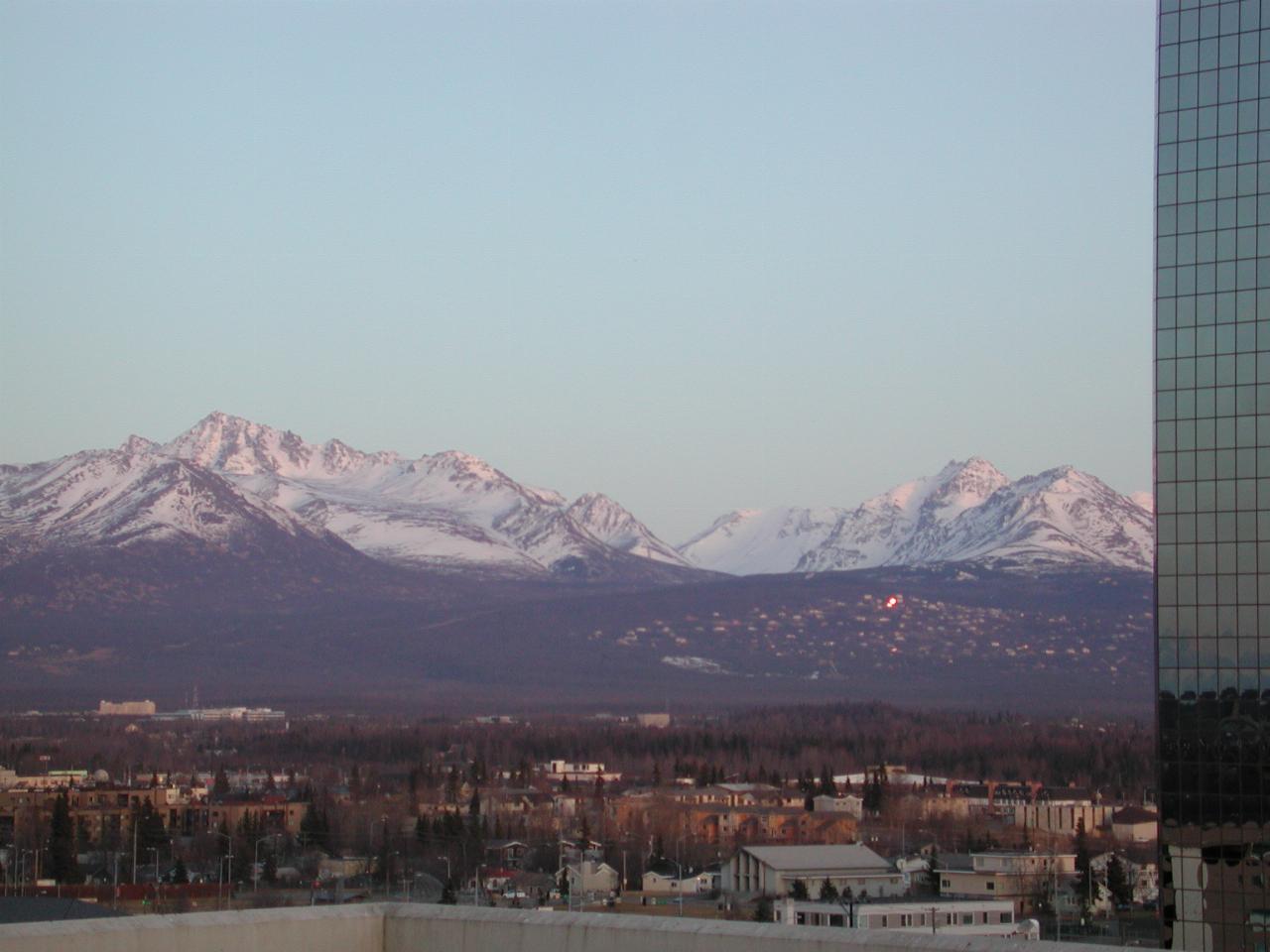 Sunset on the mountains east of Anchorage, as seen from my room at Westmark Hotel