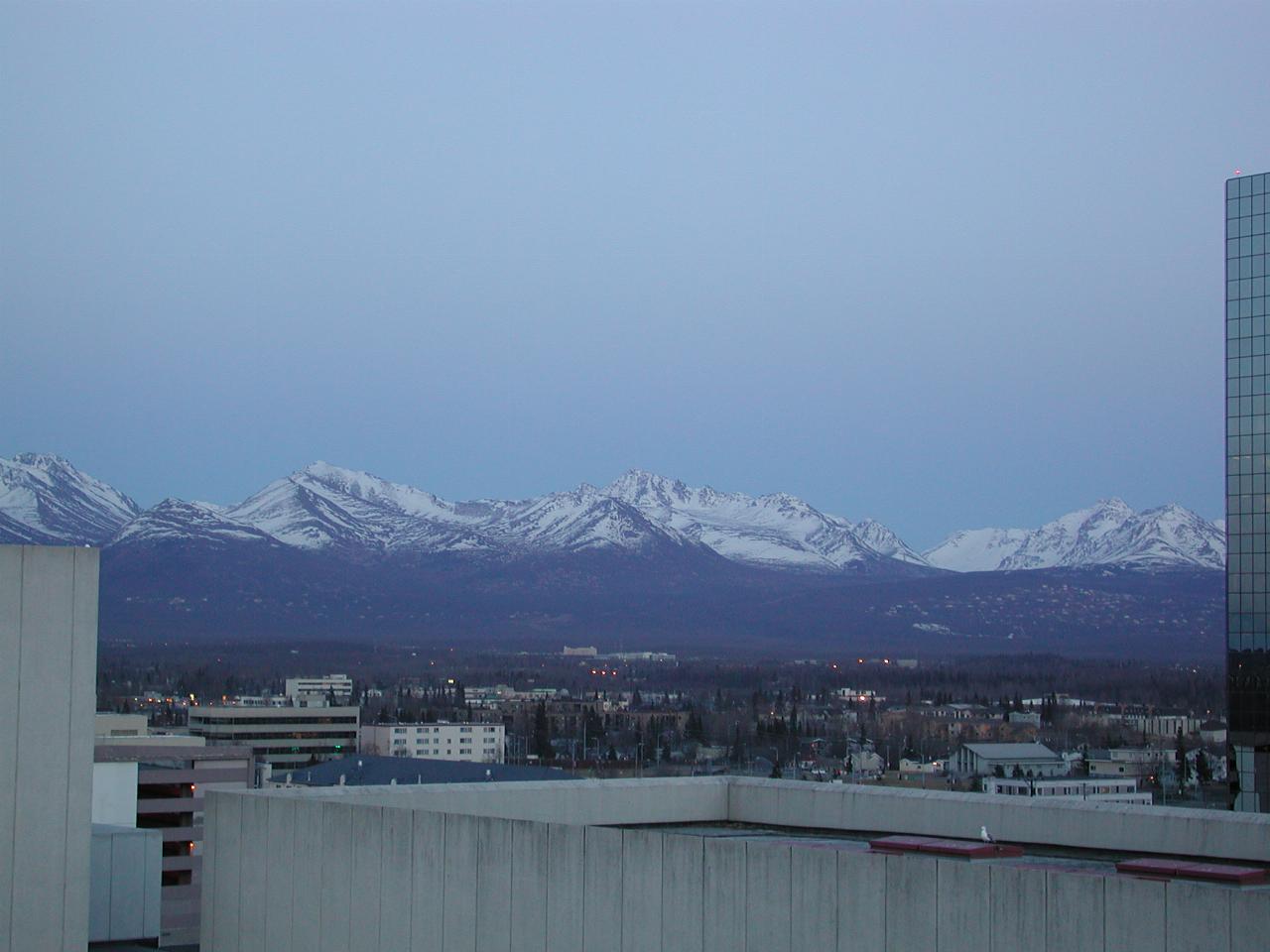 Sunset on the mountains east of Anchorage, as seen from my room at Westmark Hotel