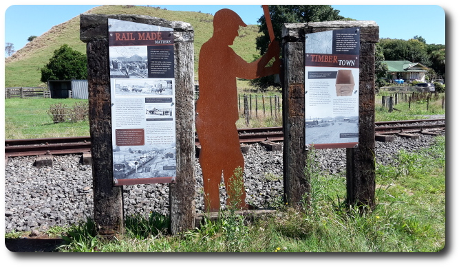 Two signs and worker siloette in front of rail line