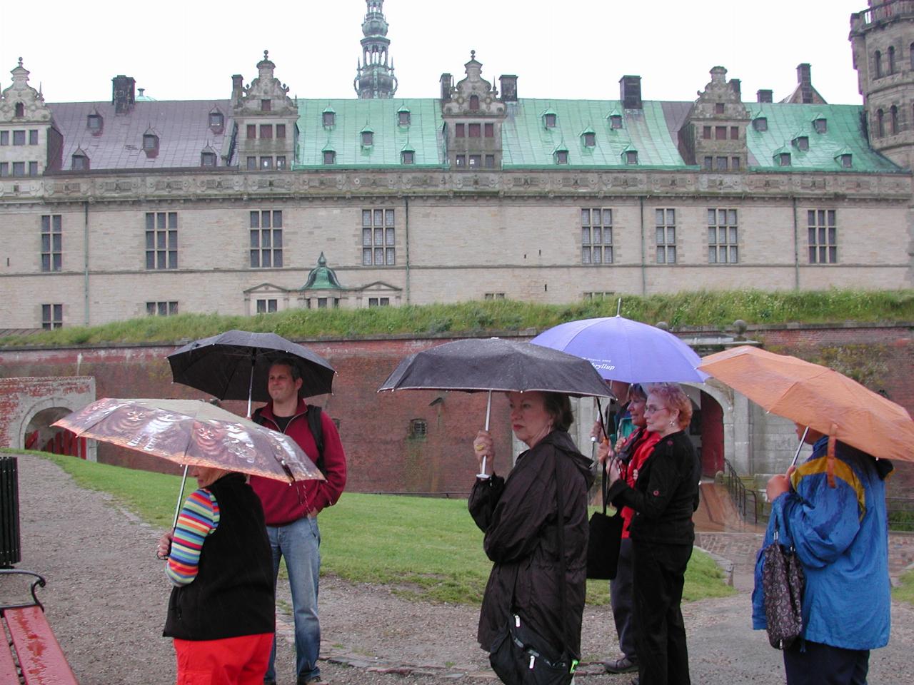 KPLU Viking Jazz: L-R: Barbara, Joey, Annette, Jim, Inge, Beverly and Maria in front of castle