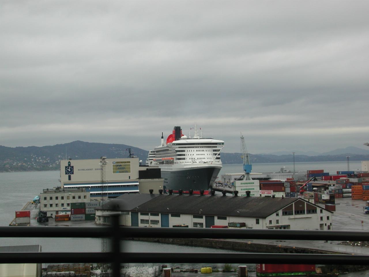 KPLU Viking Jazz: The new Queen Mary, in Bergen for the morning, as seen from bus to airport