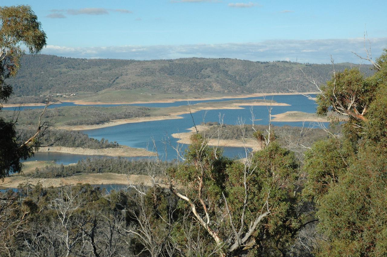 Lake with low water indicated by barren shore