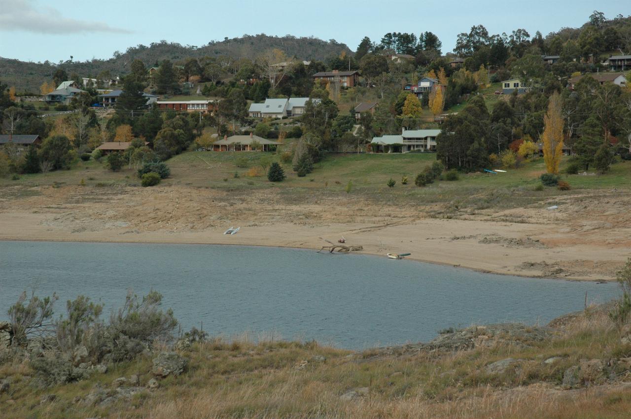 View of houses on lake shore